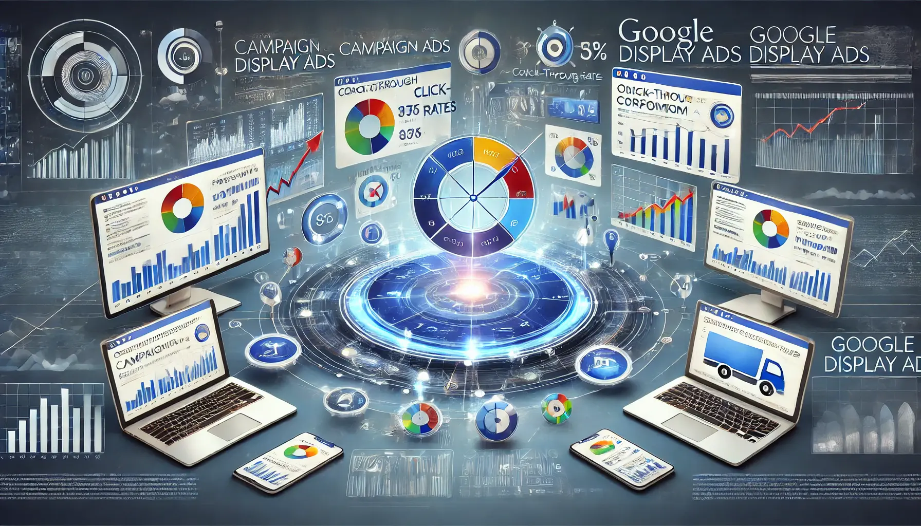 Illustration showcasing the optimization of campaign performance for Google Display Ads with metrics and digital devices.