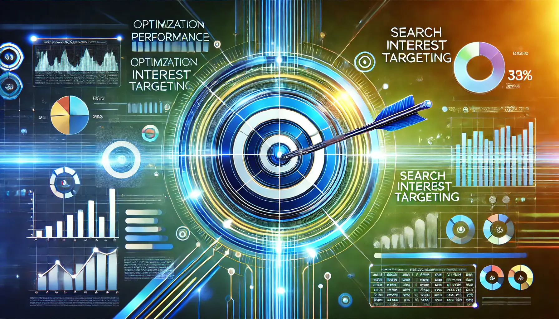 Abstract illustration of optimizing campaign performance with a dashboard showing metrics, a target with arrows, and interconnected lines for data analysis.