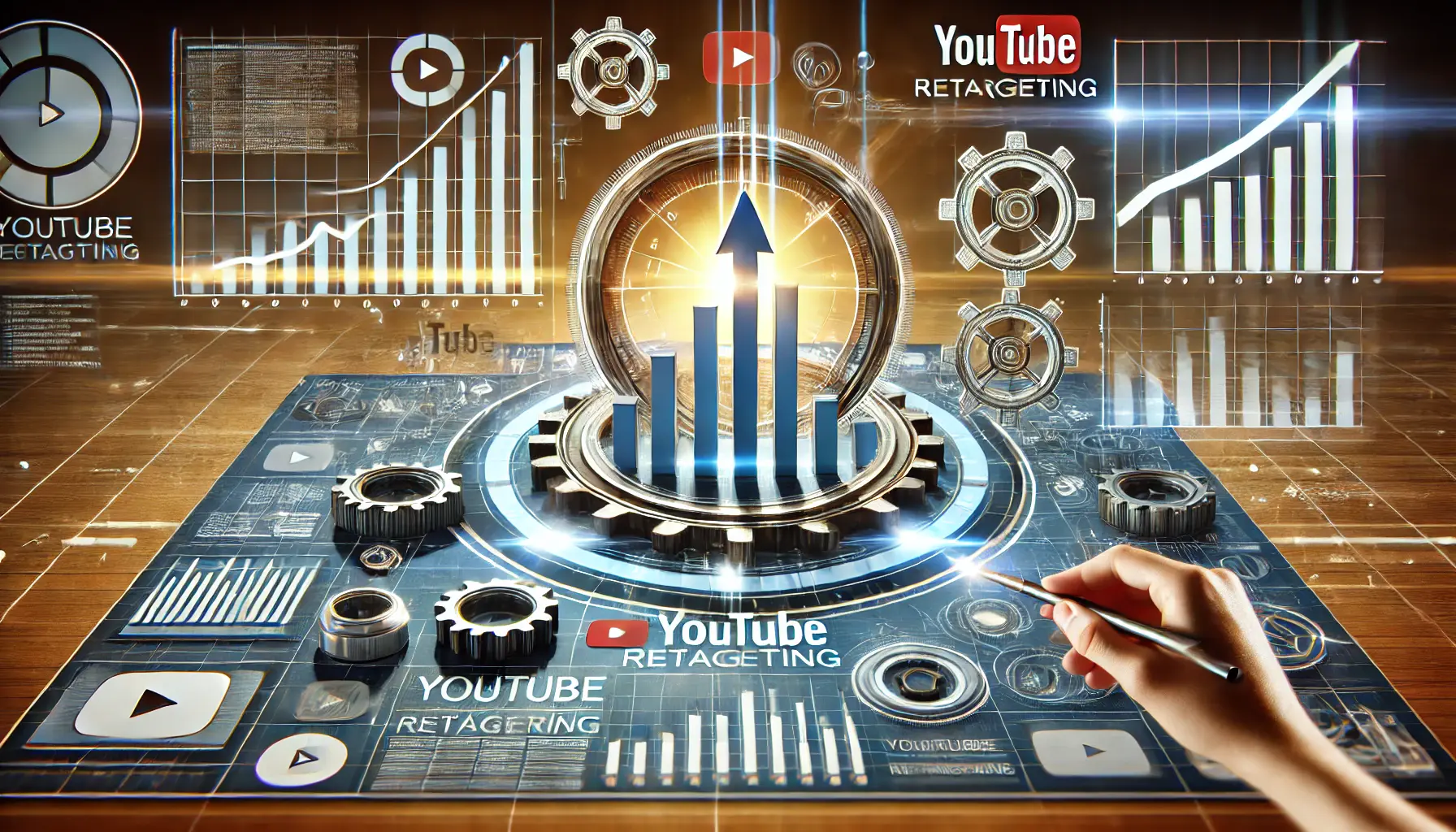 An image representing the optimization of YouTube retargeting campaign performance, featuring performance graphs, optimization sliders, and data flow arrows.