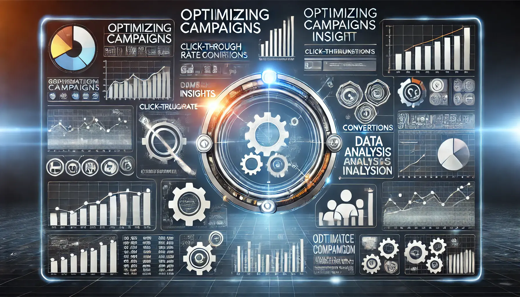 A digital dashboard displaying performance metrics with graphs and icons symbolizing optimization tools like gears and arrows.