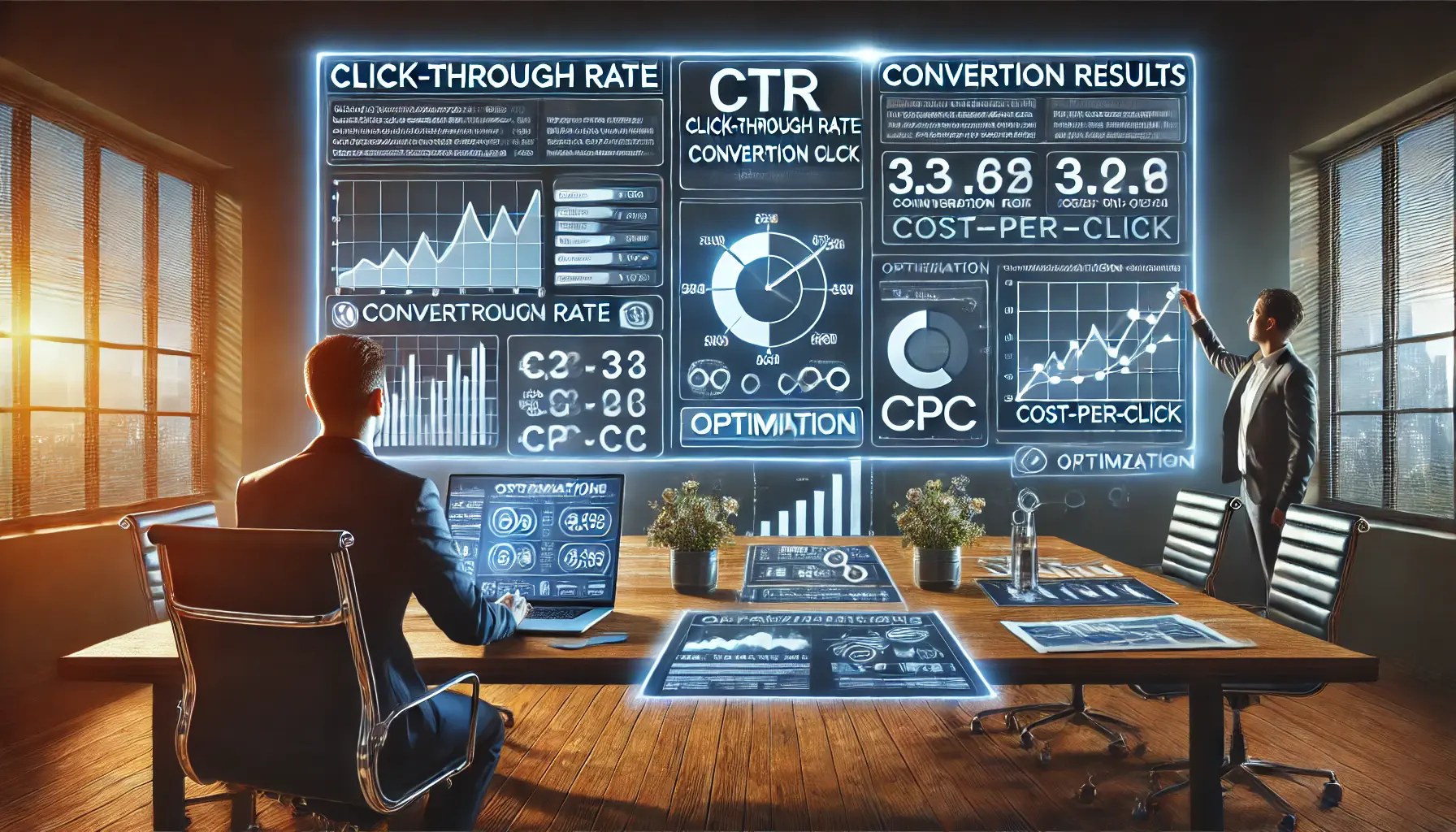 A marketer analyzing a dashboard displaying performance metrics like CTR, conversion rate, and CPC, with optimization icons and graphs.