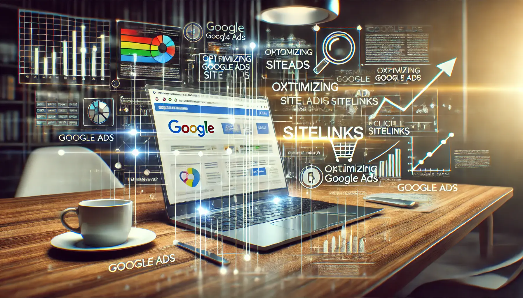 A digital marketing scene showcasing Google Ads with sitelinks, highlighting their role in enhancing ad performance.