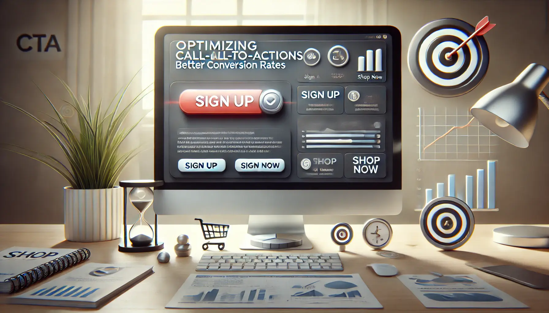 A computer screen displaying a website or app with a prominent CTA button, surrounded by icons symbolizing conversion like arrows, a target, and a rising graph.