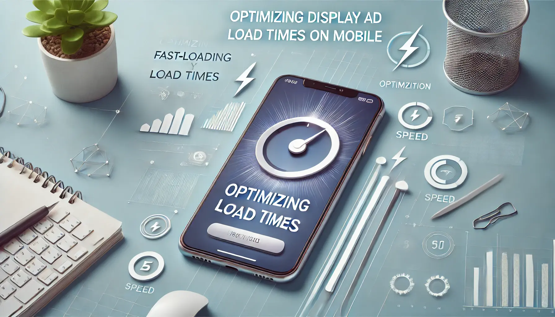 A smartphone displaying a fast-loading ad surrounded by icons representing speed and optimization.