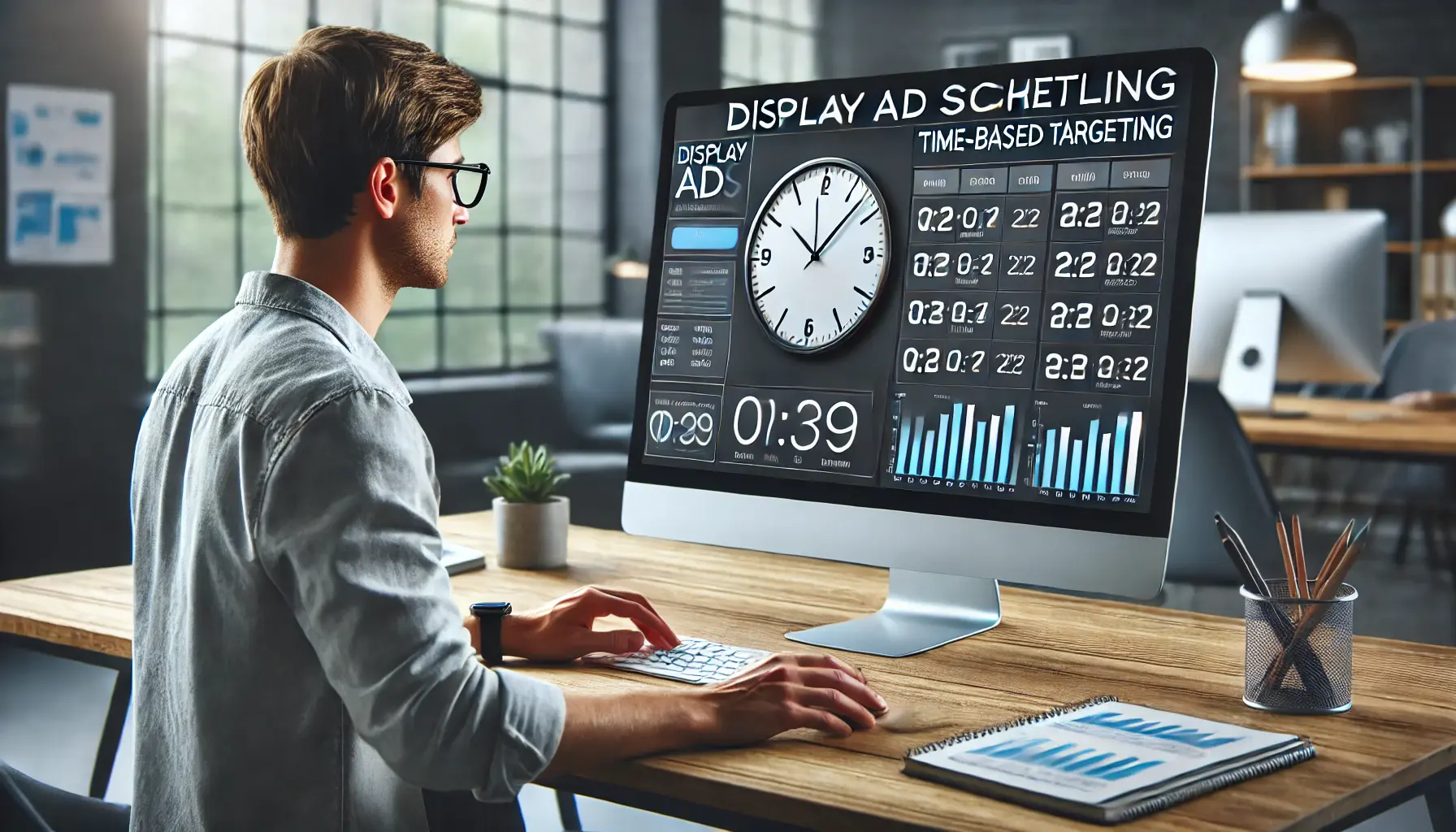 A digital marketer adjusting display ad scheduling for time-based targeting in a modern office, with time slots and graphs on the screen.