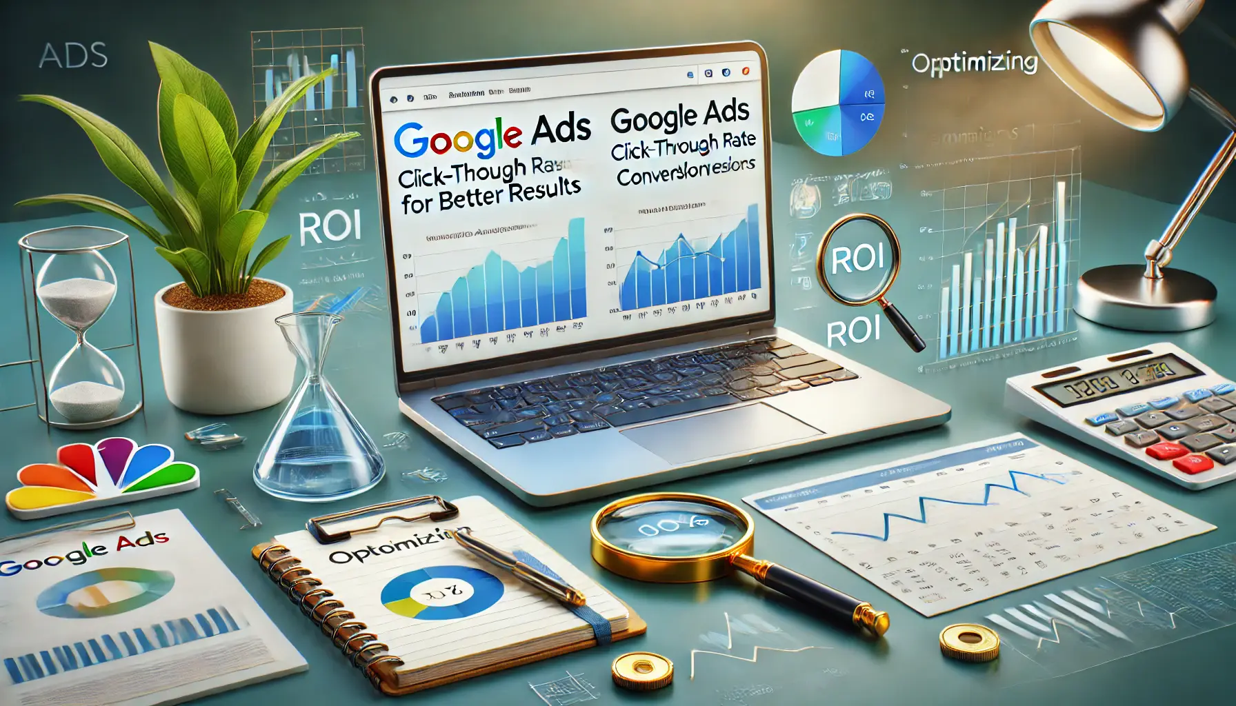 A workspace with a laptop displaying Google Ads analytics with metrics like click-through rates and ROI, surrounded by optimization notes and performance graphs.