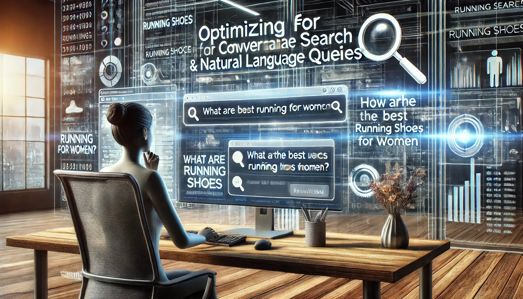 A digital workspace showing a marketer analyzing voice search data and natural language queries to optimize for conversational search in digital marketing.