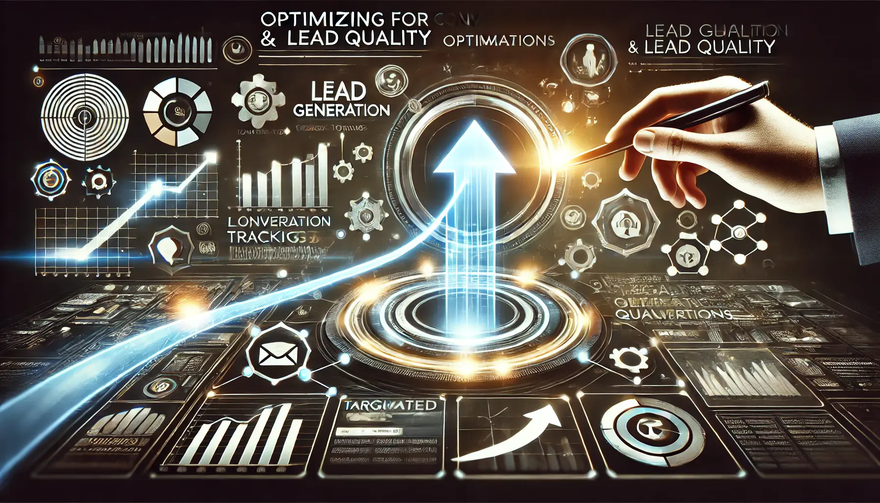 A visual representation of optimizing for conversions and lead quality, showcasing conversion tracking, lead generation forms, and performance graphs.