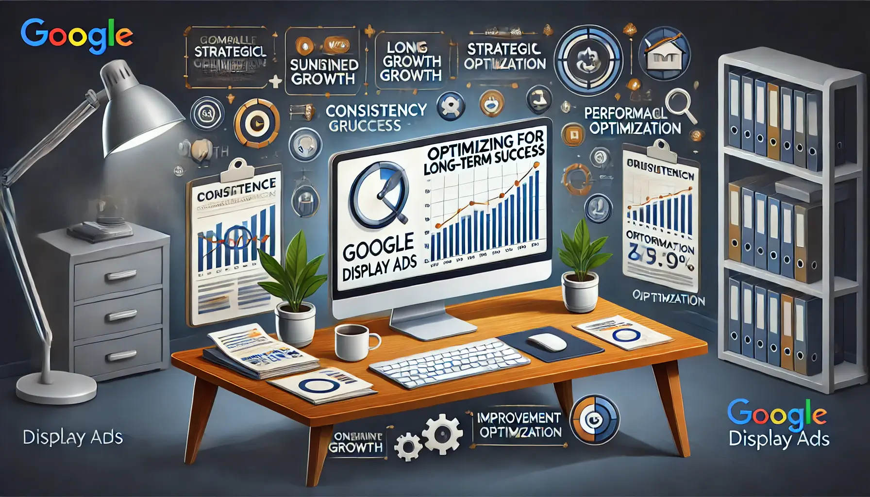 A professional workspace with a computer displaying a campaign dashboard showing long-term growth trends and performance optimization metrics, surrounded by icons for strategic growth.