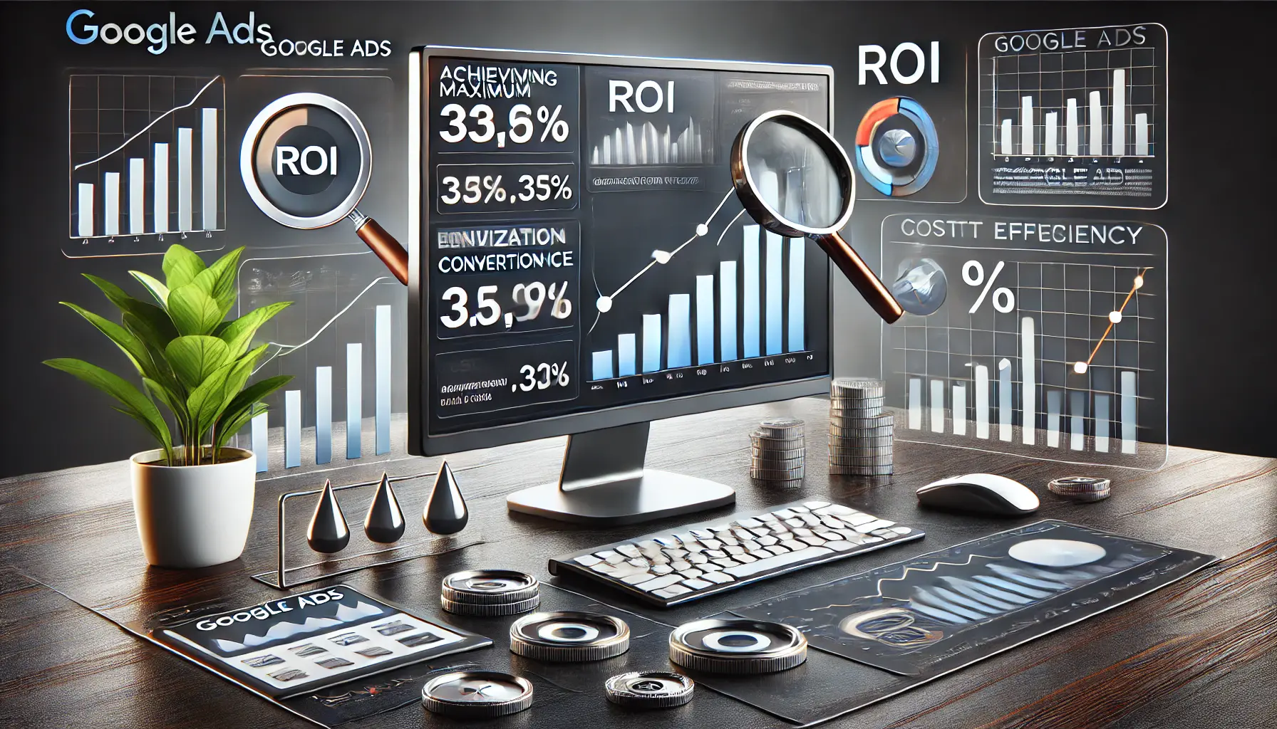 A computer screen displaying advanced performance metrics like ROI and conversion rates on a Google Ads dashboard, surrounded by graphs and analysis tools.