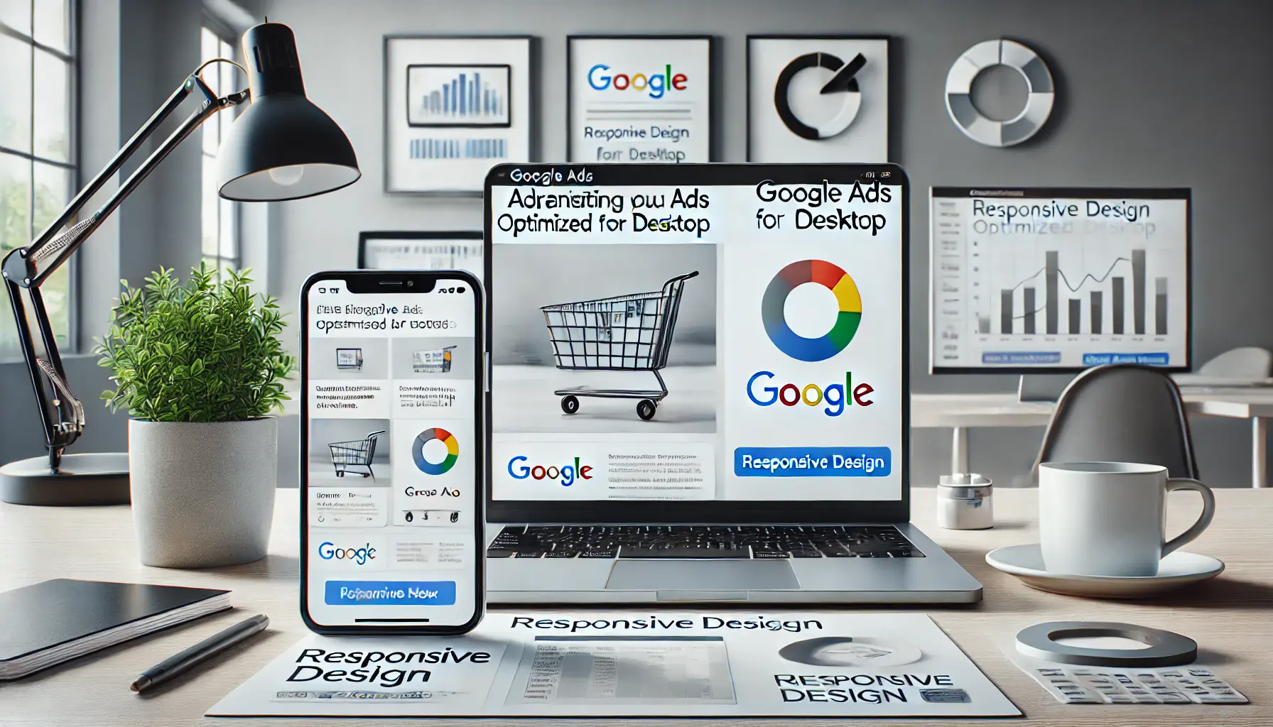 A modern workspace showcasing optimization for both mobile and desktop platforms with Google Ads interfaces.