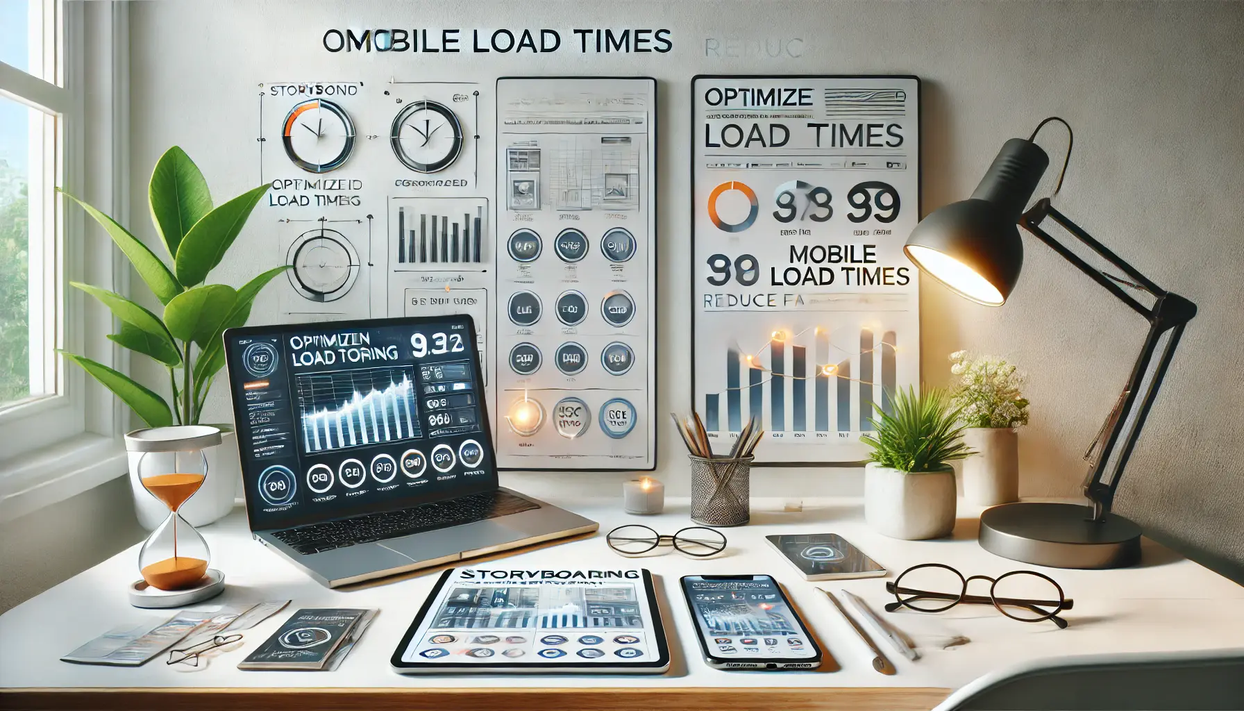 A modern workspace with a tablet and smartphone displaying optimized storyboard content for faster mobile load times, along with tools for performance monitoring.