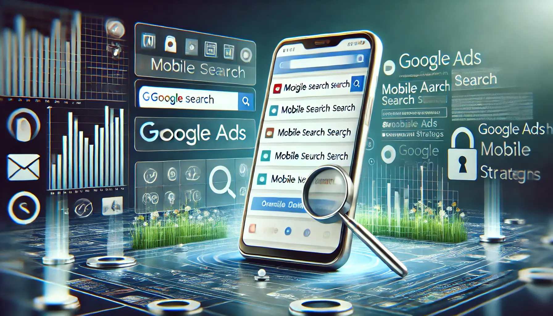 A mobile phone displaying search engine results and optimized ads for mobile search in Google Ads.