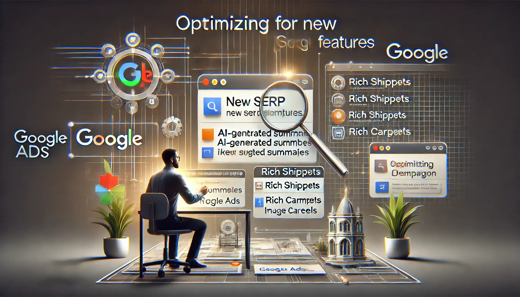 Digital marketer optimizing ads considering new SERP features like AI summaries, interactive widgets, and visual content.