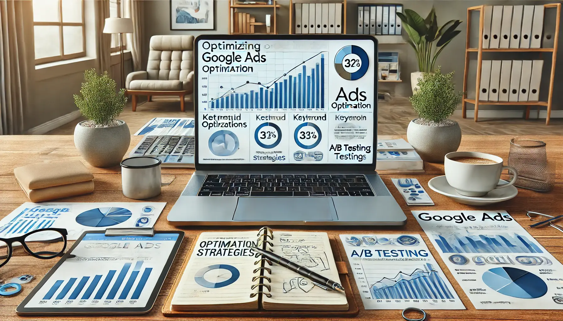 An image showing a Google Ads optimization dashboard on a laptop with tools like a notepad and a tablet displaying A/B testing results.