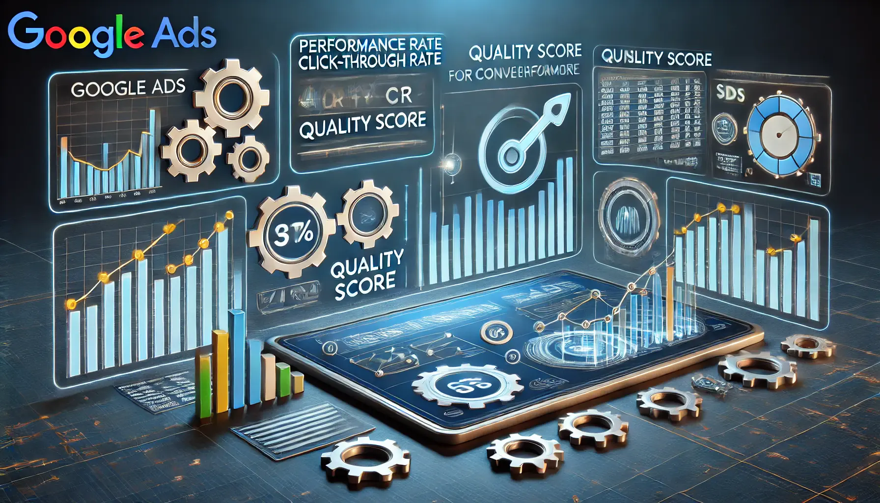 An illustration representing the optimization of Google Ads, featuring a digital dashboard with performance metrics like CTR, quality score, and conversion rate, along with optimization symbols.