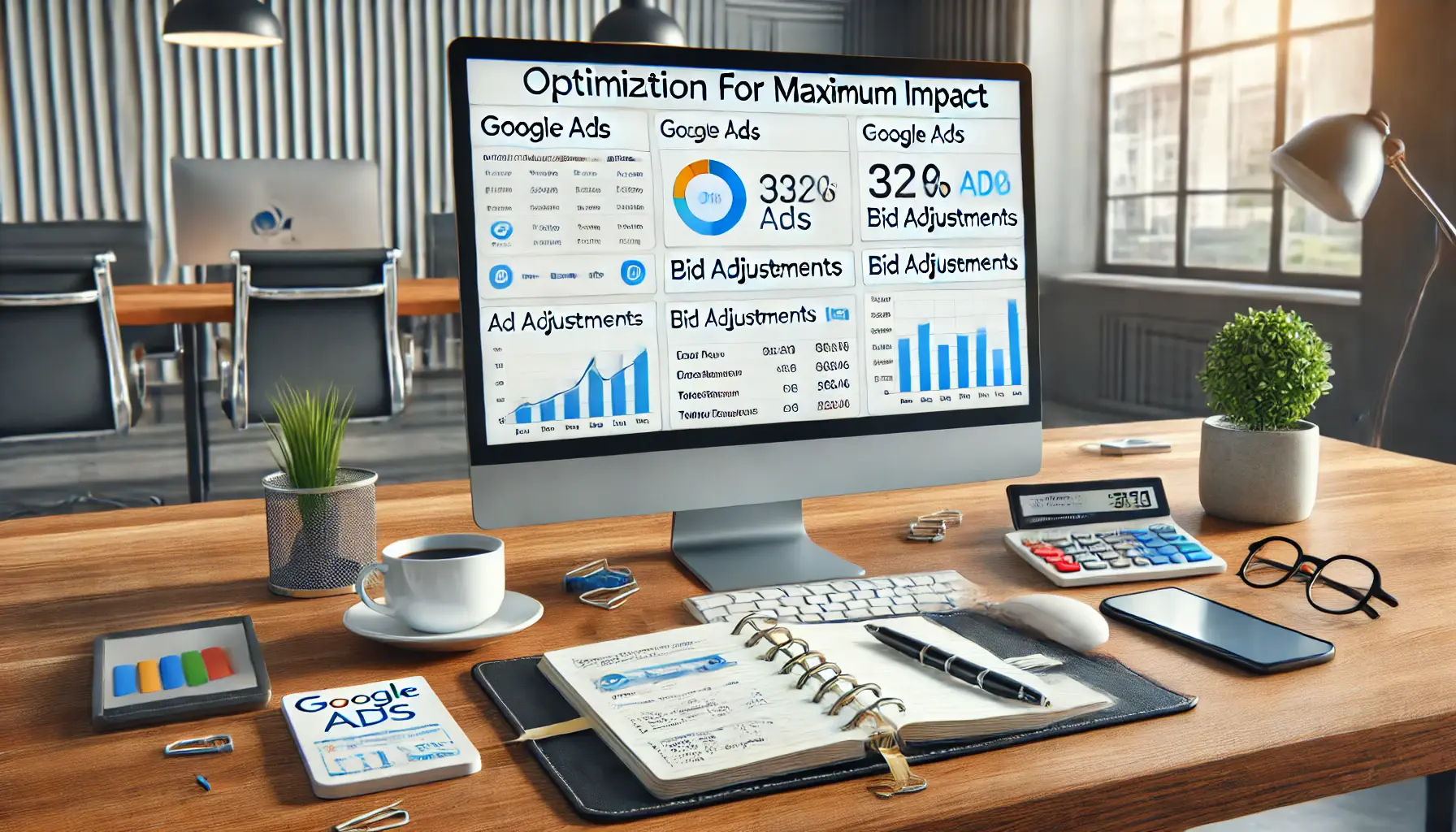 A professional workspace with a computer screen displaying Google Ads optimization settings such as ad performance data and targeting adjustments. The desk includes a notebook, a pen, a smartphone, and a coffee cup, set in a bright office environment.