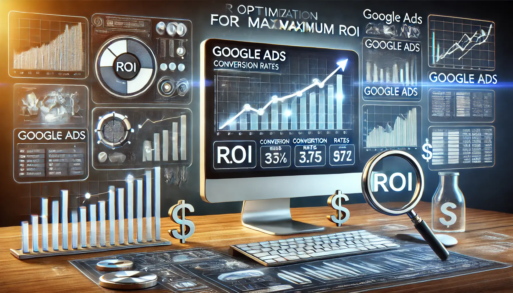 A computer displaying Google Ads performance metrics with upward graphs, a magnifying glass, and dollar signs symbolizing financial optimization.