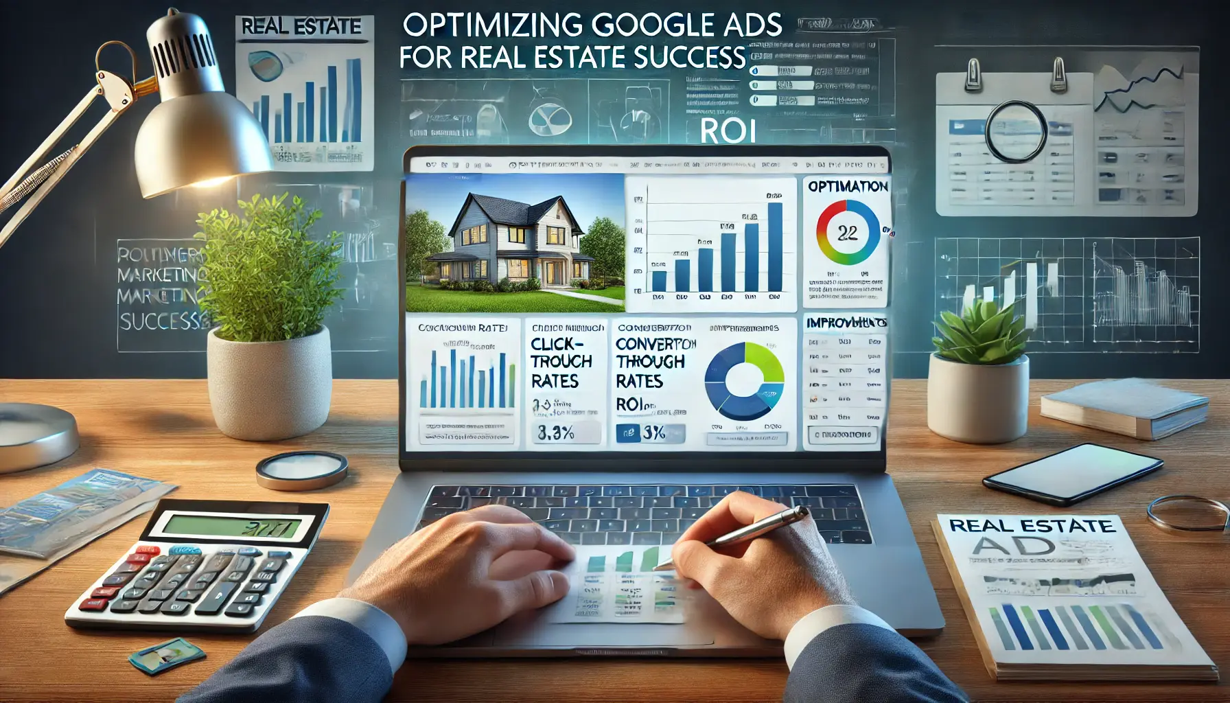 A real estate marketer analyzing performance metrics on a laptop, with graphs and charts showing improvements in real estate campaign results.