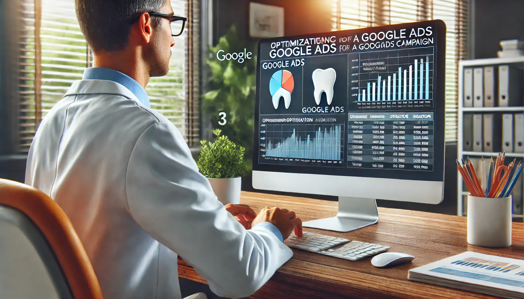 A dentist reviewing Google Ads performance metrics and analytics on a computer screen in a modern office.