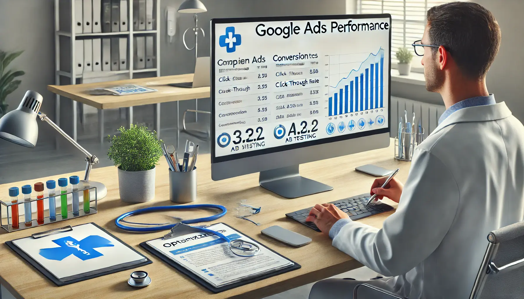 A healthcare marketer analyzing Google Ads performance metrics on a computer screen, surrounded by optimization notes and medical elements.