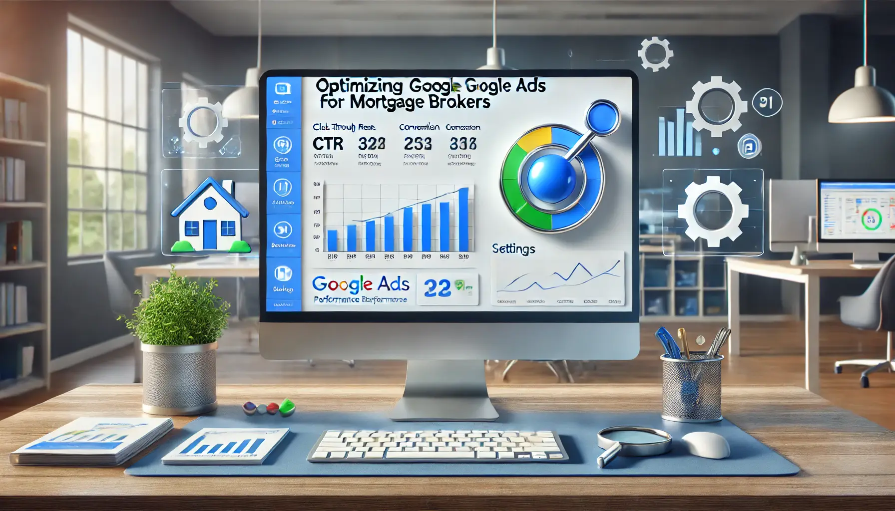 A modern office with a computer displaying a Google Ads dashboard featuring performance metrics like click-through rates, conversion rates, and cost per conversion, surrounded by symbols like an upward arrow and gear.