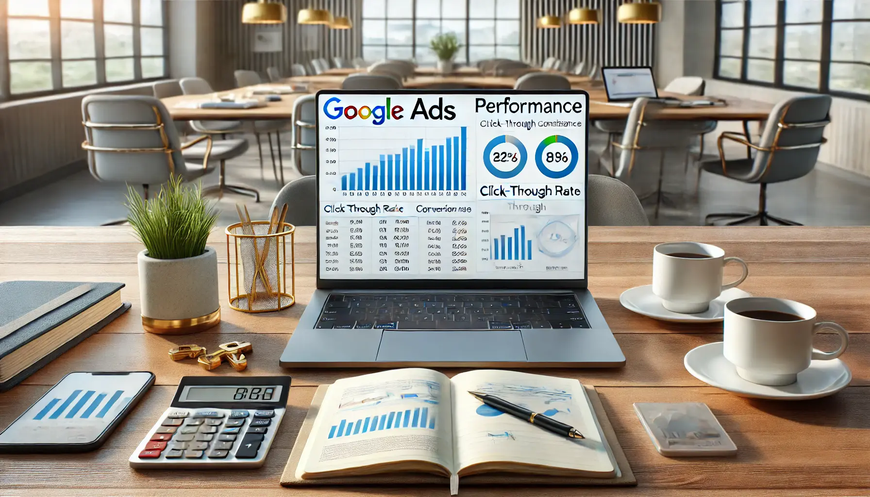 A professional workspace with a laptop displaying Google Ads performance analytics, including graphs and metrics, surrounded by a notepad, cup of coffee, and calculator.