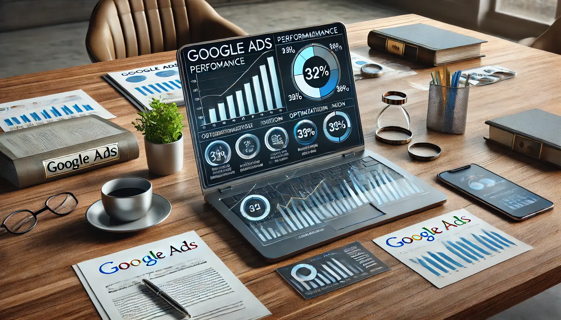 A modern office desk with a laptop showing Google Ads performance metrics, including charts and graphs, reflecting the optimization of Google Ads campaigns.