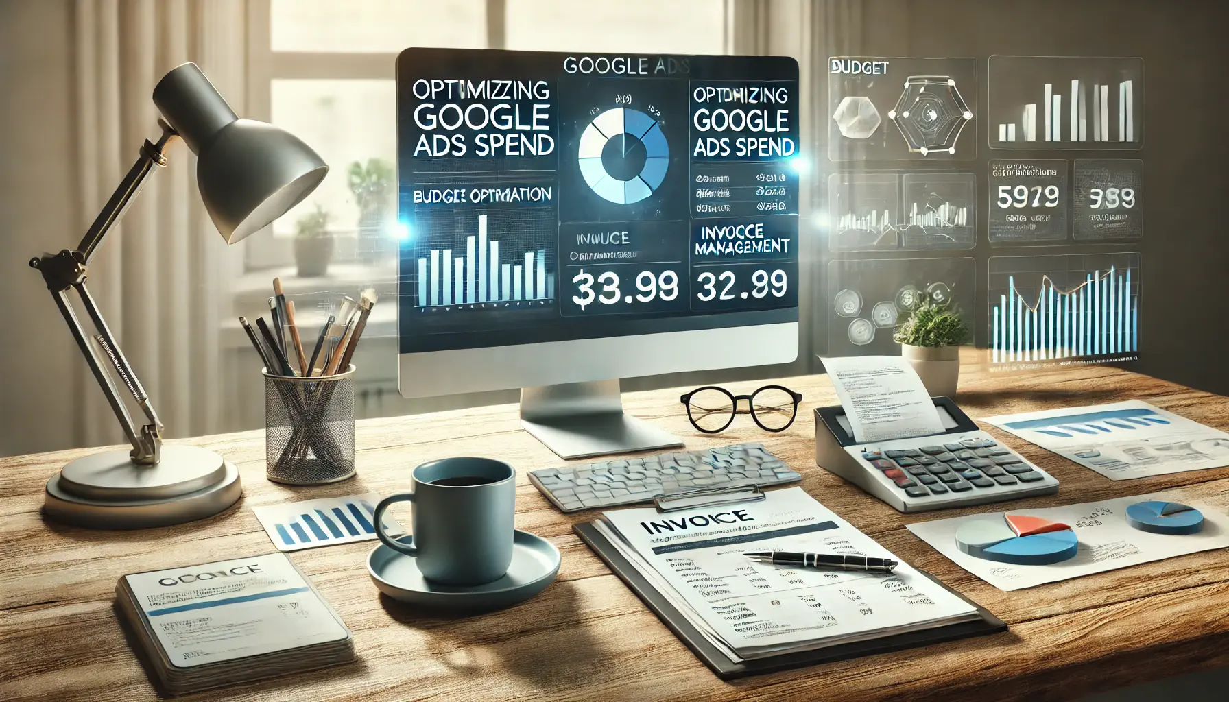 A workspace featuring a desktop screen with a budget optimization dashboard, a tablet showing invoice summaries, and financial documents, symbolizing strategic management of Google Ads spending and invoices.