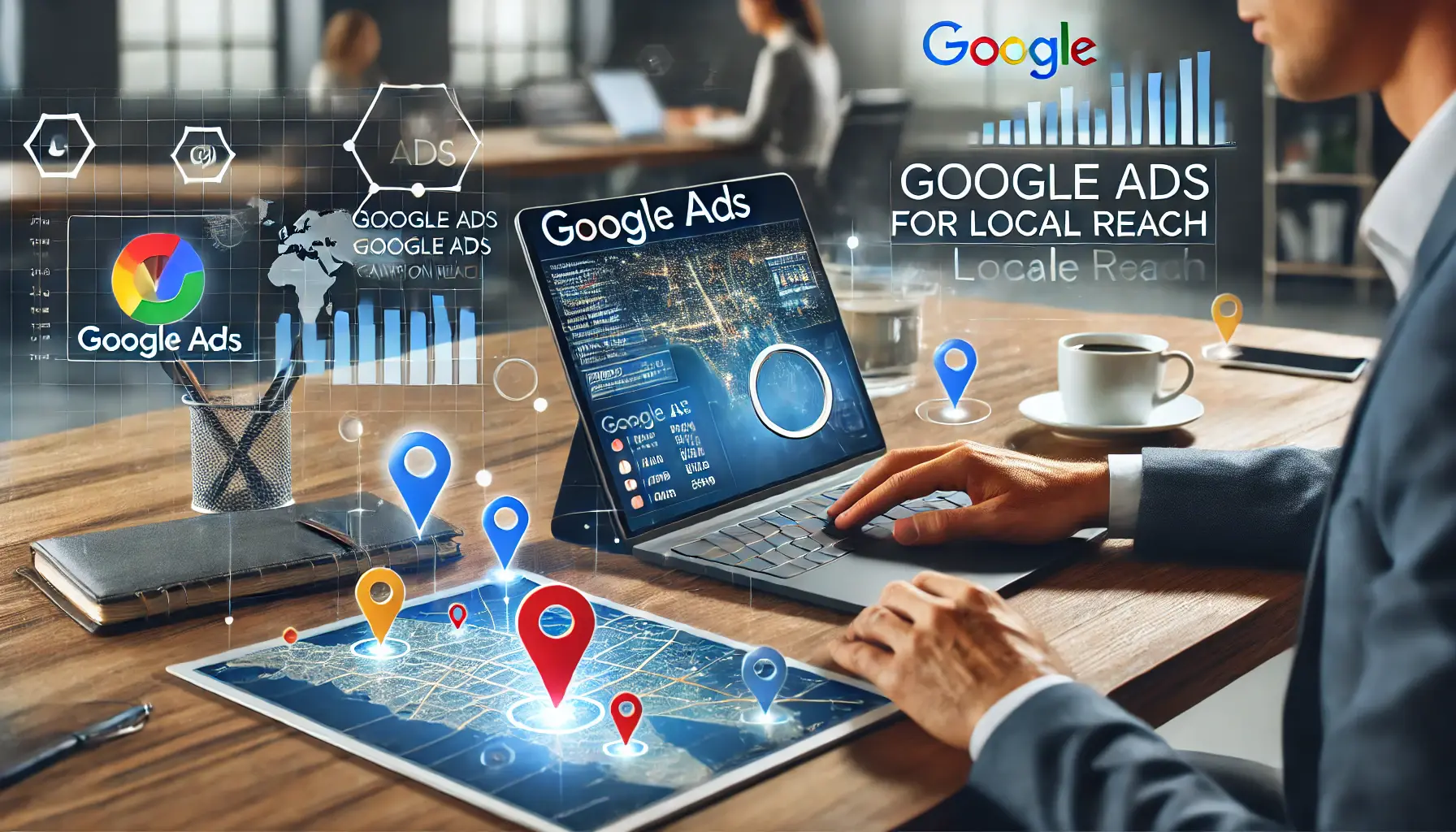 A person analyzing Google Ads campaign metrics on a laptop with maps, location pins, and charts in a professional workspace.