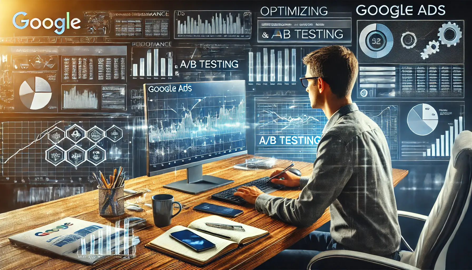 A marketing professional analyzing A/B test results and performance data on a computer screen, surrounded by digital charts and graphs.