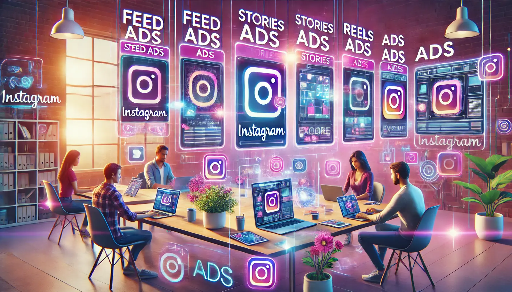 A creative marketing team working on Instagram ad designs using laptops and tablets, with floating holographic screens displaying different ad placements like feed ads, stories ads, reels ads, and explore ads.