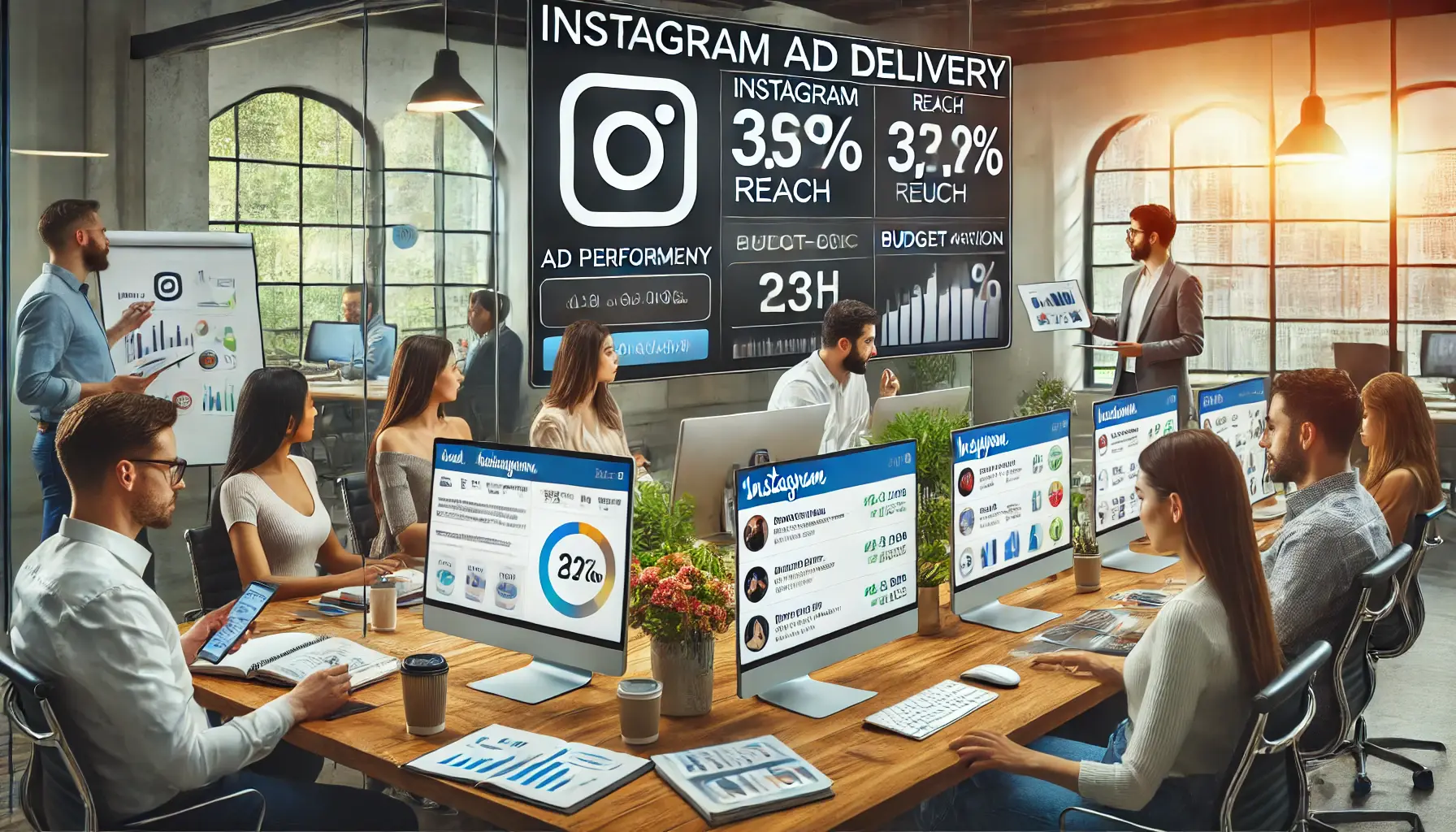 A digital marketing team in a modern office analyzing Instagram ad performance and budgeting strategies on multiple monitors.