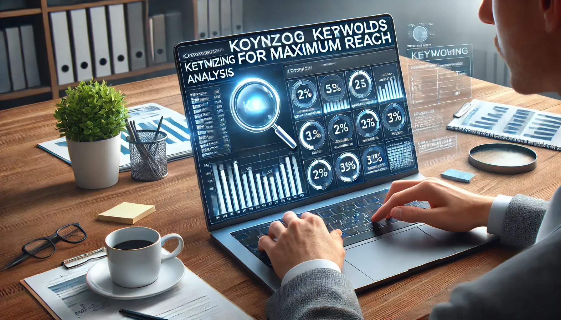 A digital marketer analyzing keyword performance data on a laptop, with a detailed keyword analysis dashboard displaying graphs and charts.