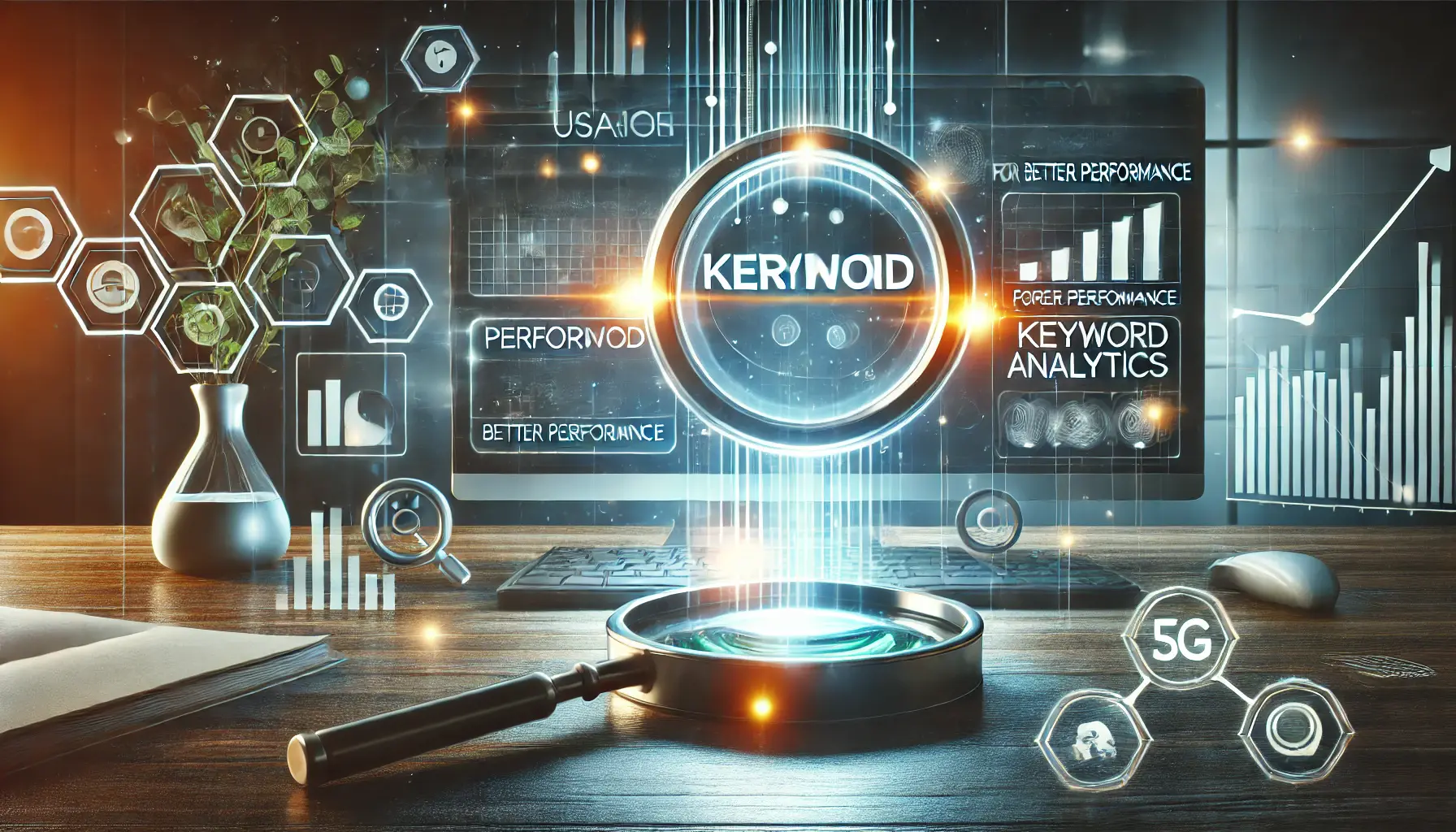 Illustration of keyword optimization process with glowing dashboards, performance metrics, and analytics in a futuristic workspace.