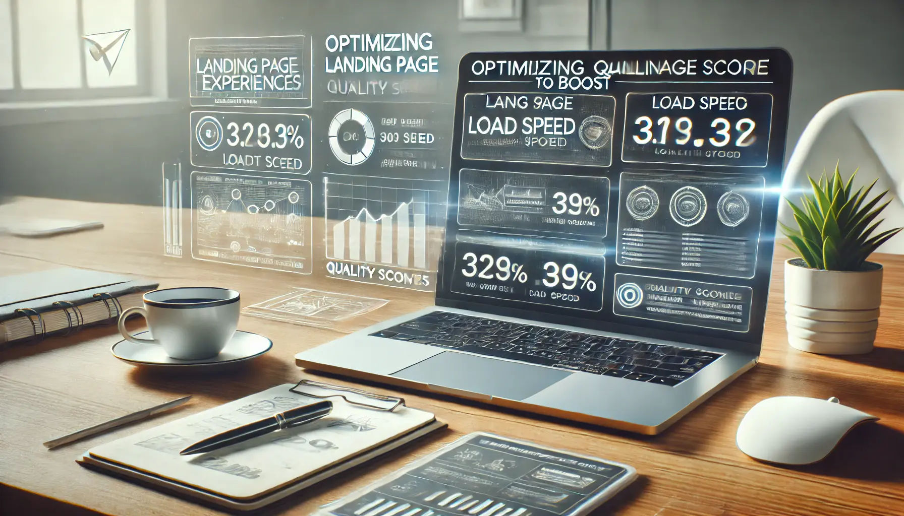 A digital marketing workspace with a laptop displaying landing page performance analytics and optimization tools.