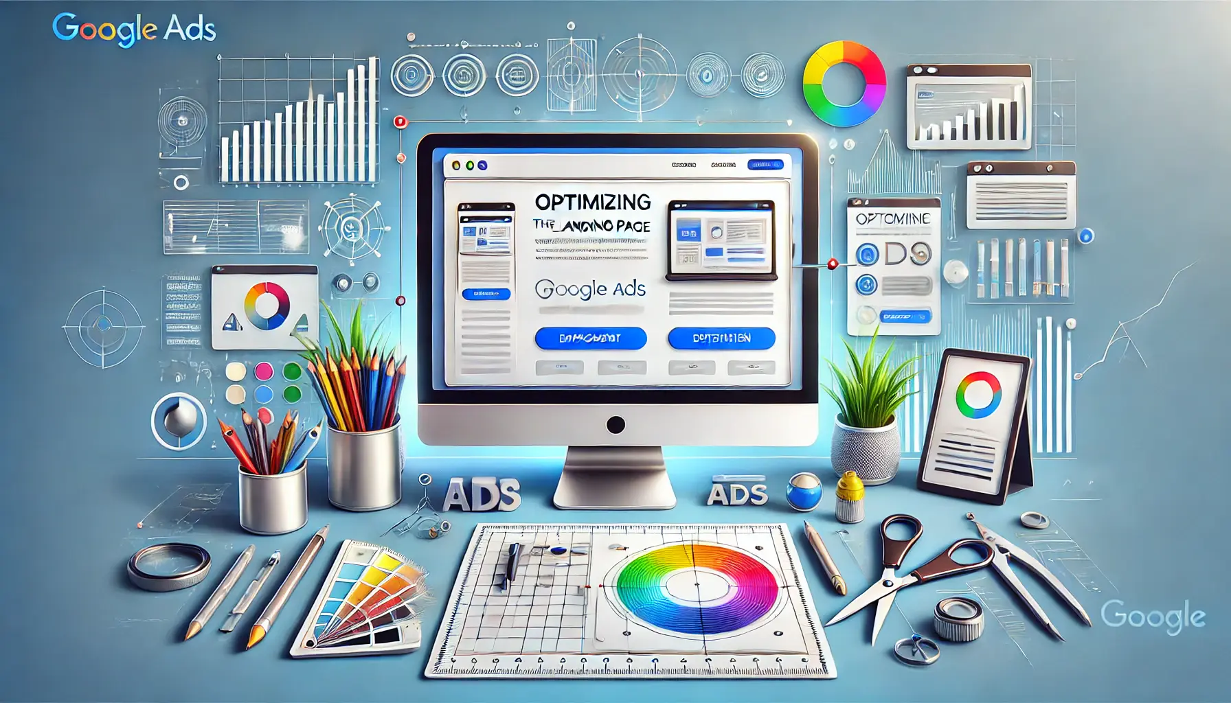 A computer screen displaying a visually optimized, mobile-friendly landing page with user-friendly navigation and a clear call-to-action button, surrounded by design tools.