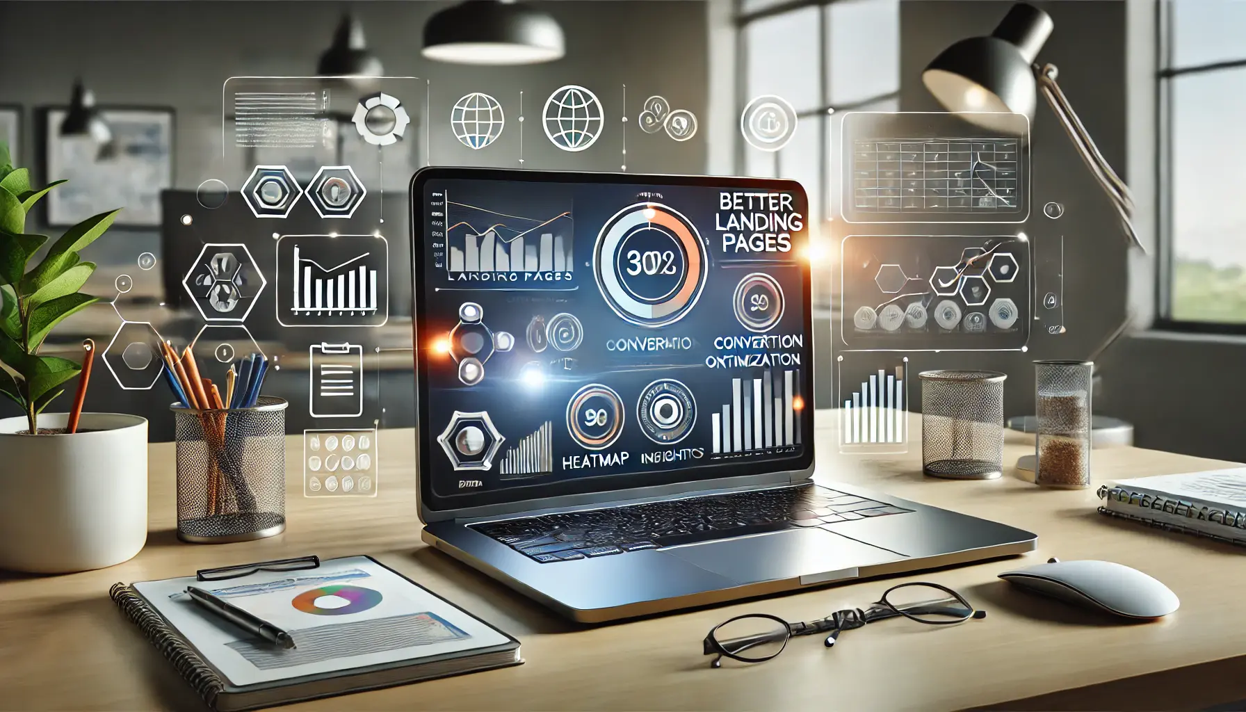 A laptop displaying an analytics dashboard with charts, heatmaps, and conversion metrics surrounded by icons for data analysis and optimization.