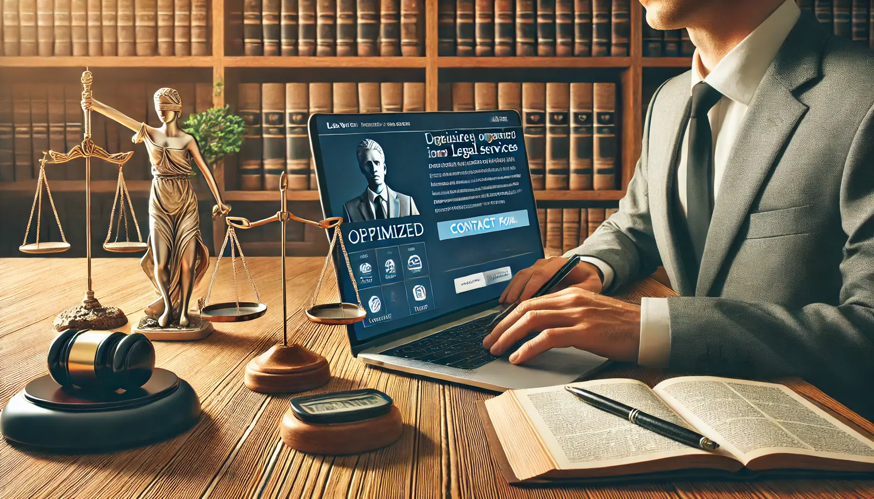 Illustration of a lawyer reviewing a user-friendly legal services landing page on a laptop, with law books and a gavel in the background.