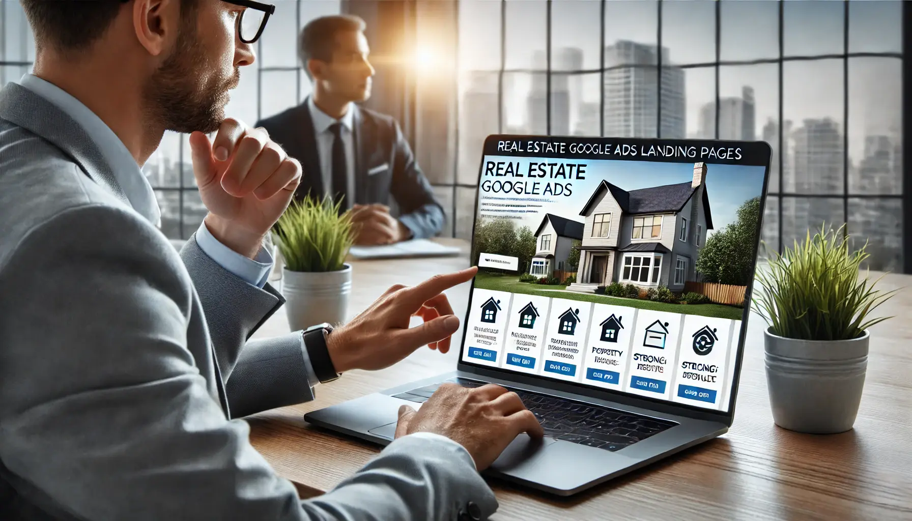 A real estate agent reviewing a well-designed mobile-responsive landing page on a laptop in a modern office setting.