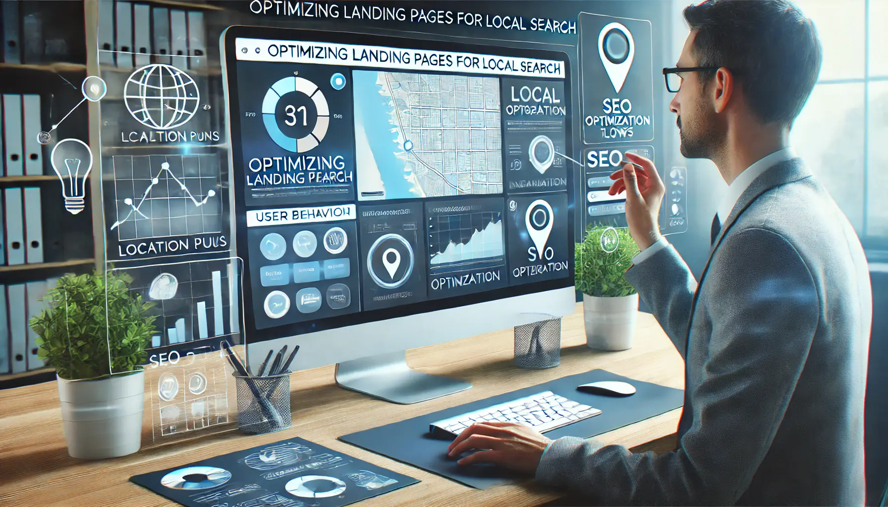 Professional analyzing a website landing page on a computer with maps, location pins, and SEO optimization visuals.