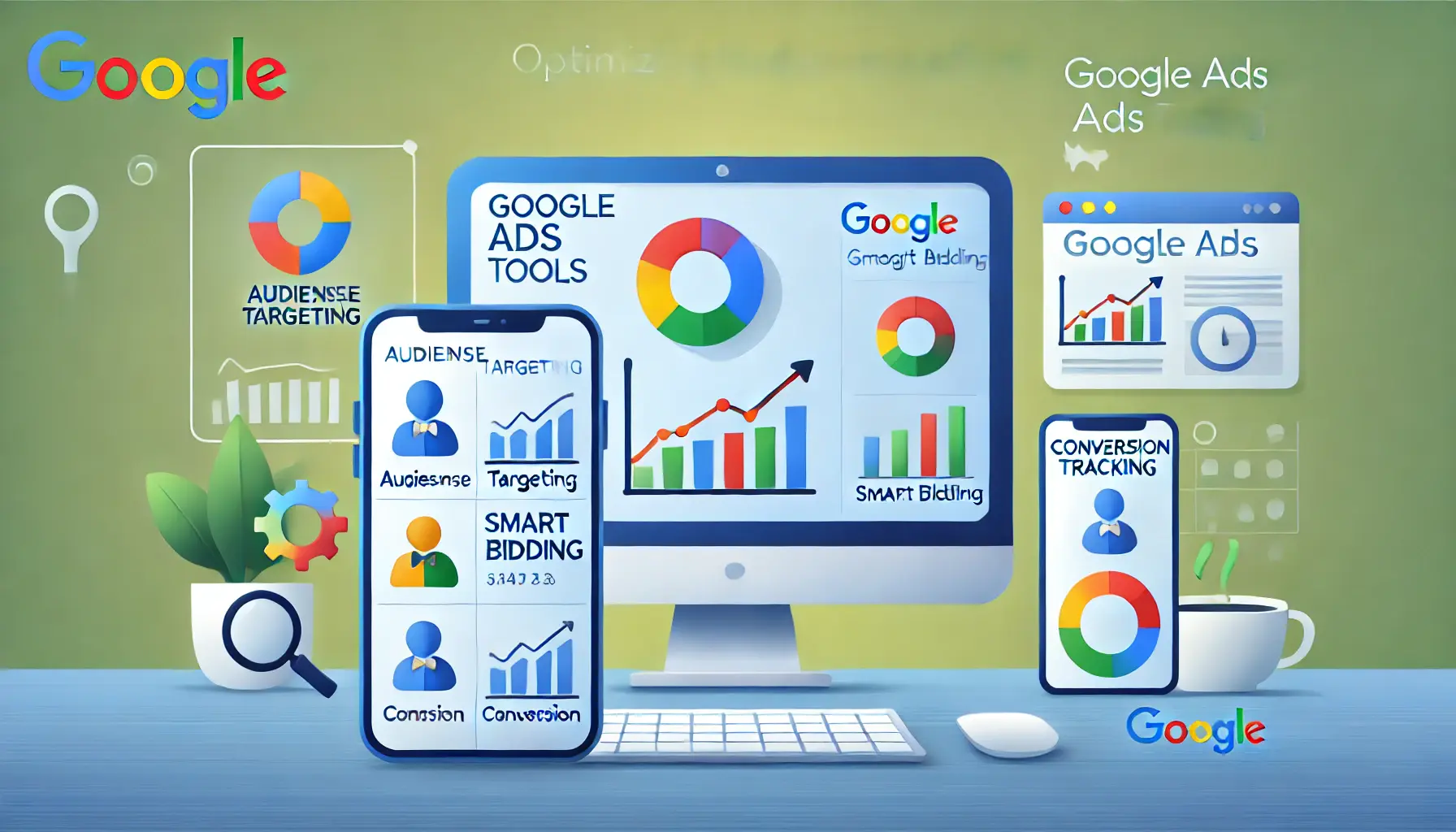 An image showcasing optimization of lead generation using Google Ads tools, featuring analytics dashboards and icons for audience targeting and smart bidding.