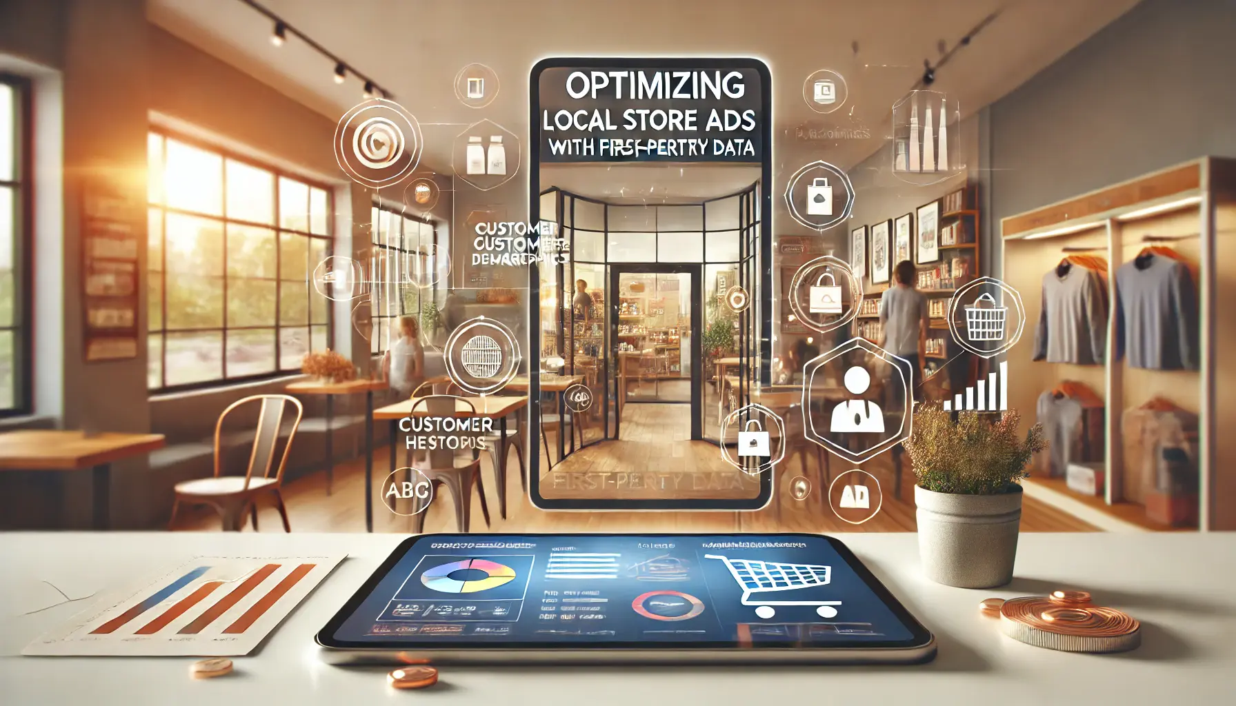 An illustration showing the optimization of local store ads using first-party data, featuring a local store with a digital interface displaying customer data and ad performance.