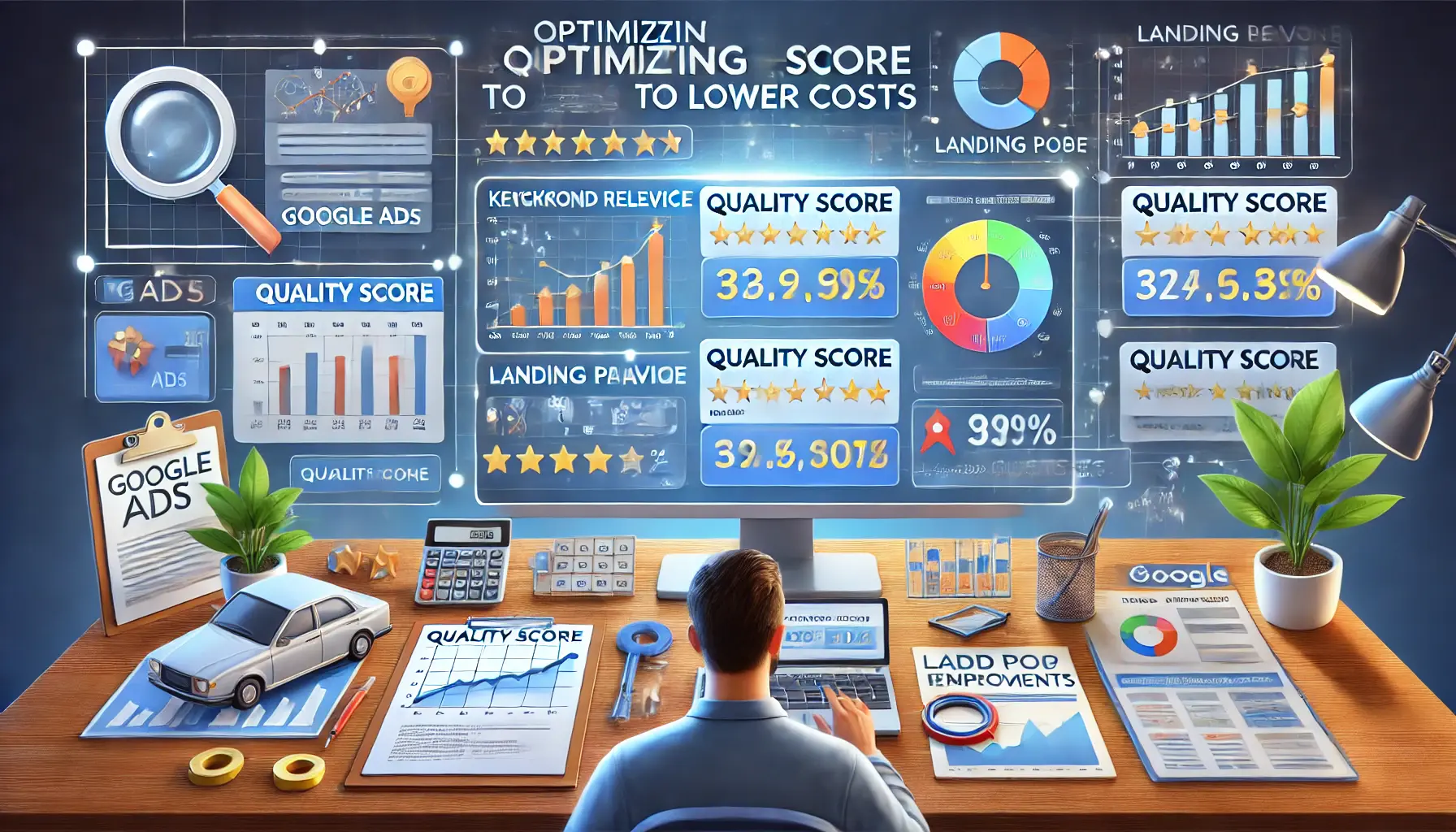 A digital marketer analyzing a dashboard showing improvements in Quality Score and lower costs with elements like keyword relevance and ad copy alignment.