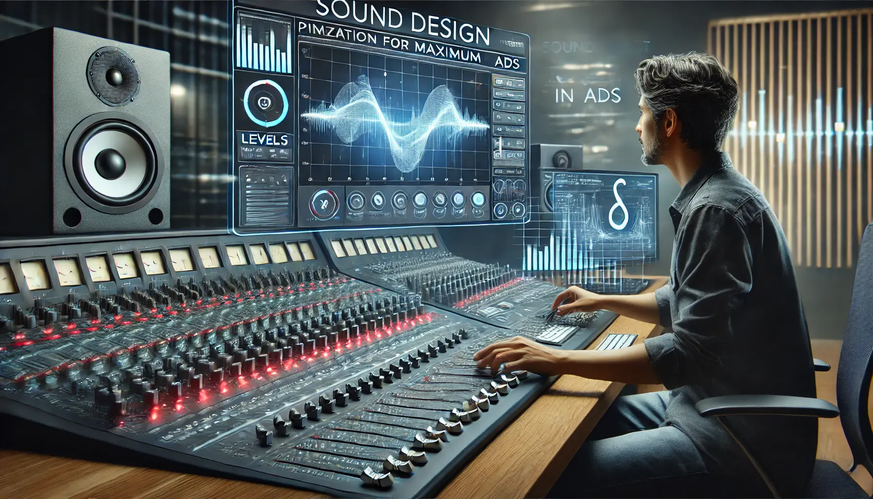 Image of a sound engineer adjusting equalizer settings on a mixing console, representing the optimization of sound design for maximum impact in ads.