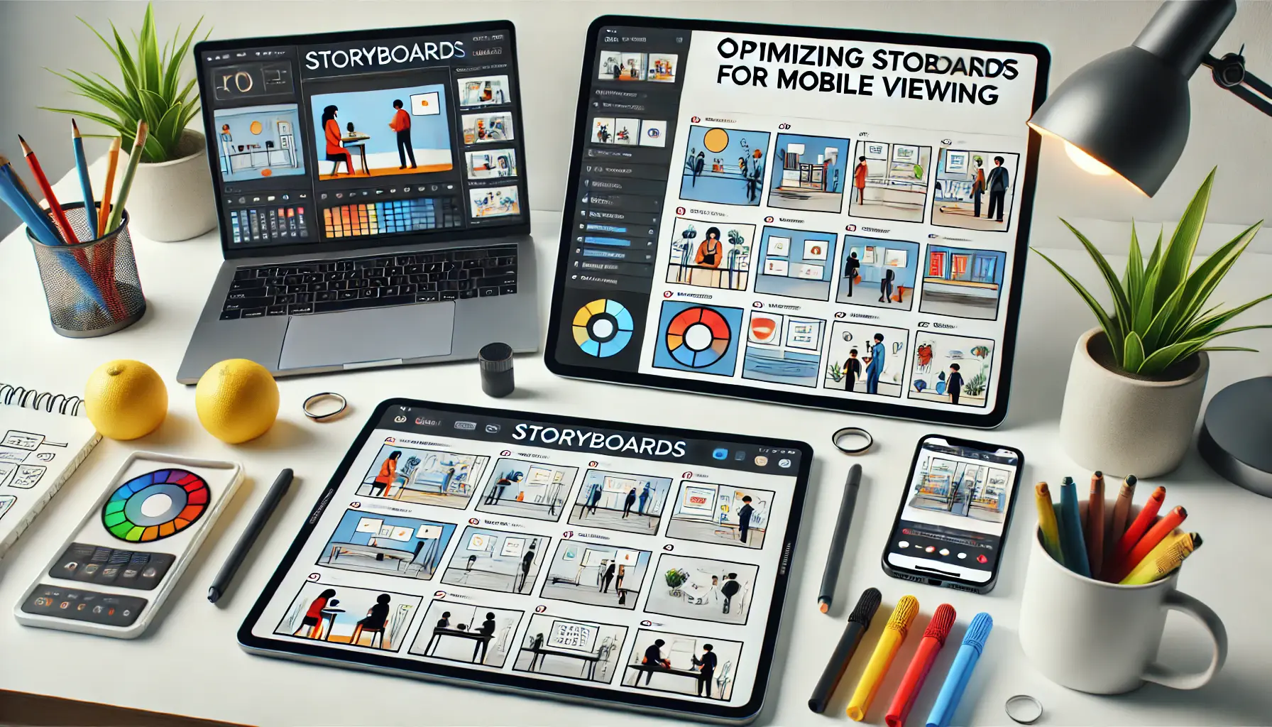 A modern workspace showing a storyboard displayed on a tablet in portrait mode, designed for mobile viewing with bold visuals and simple compositions.