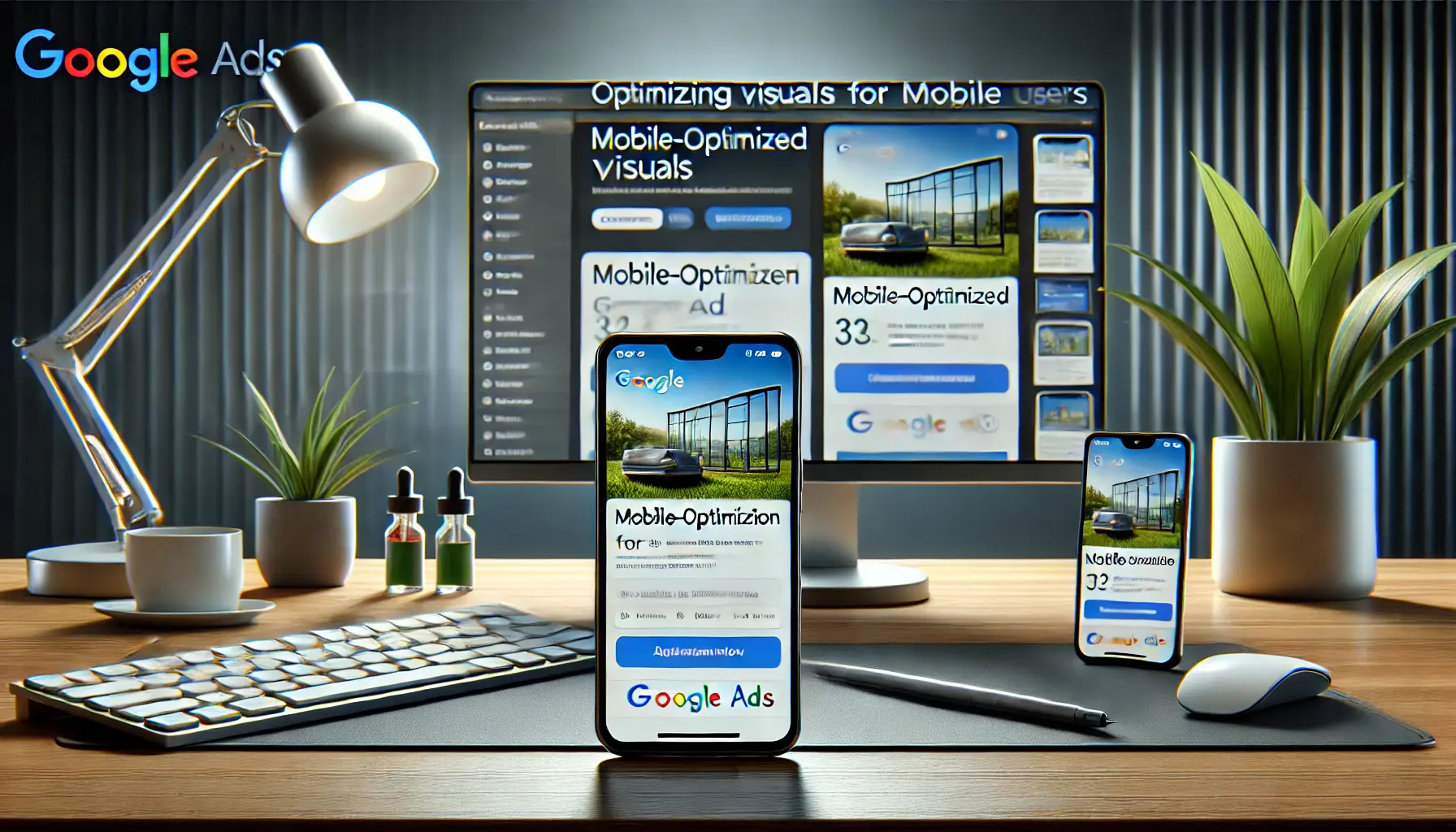 Workspace featuring mobile-optimized visuals for Google Ads on a smartphone and computer monitor.