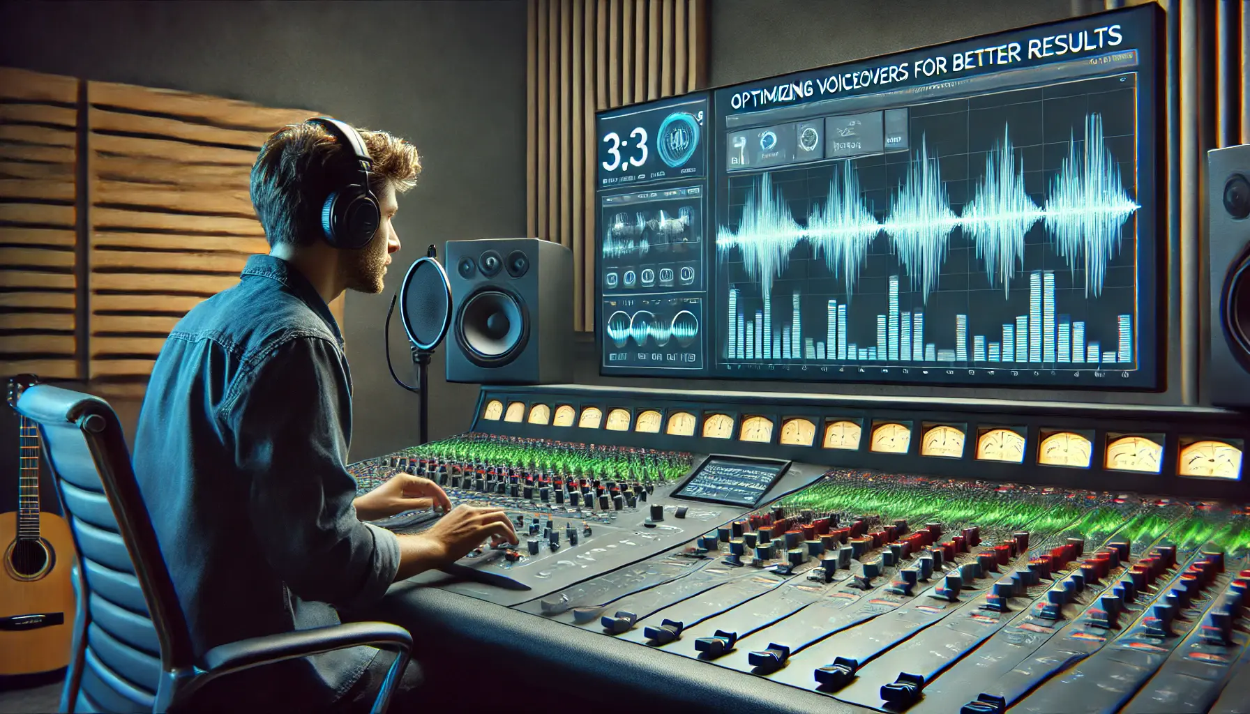 A voiceover engineer adjusting audio levels on a mixing console in a sound studio, with waveform graphs displayed on the screen.