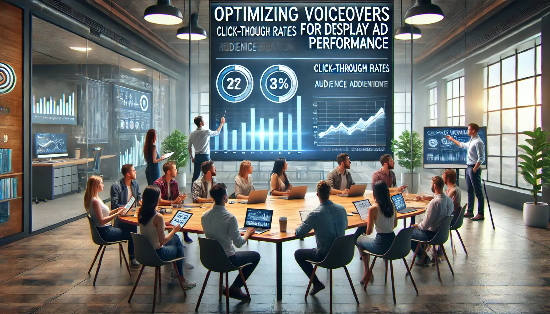 A team of digital marketers analyzing display ad performance metrics such as click-through rates and engagement, with the ad playing on the screen.