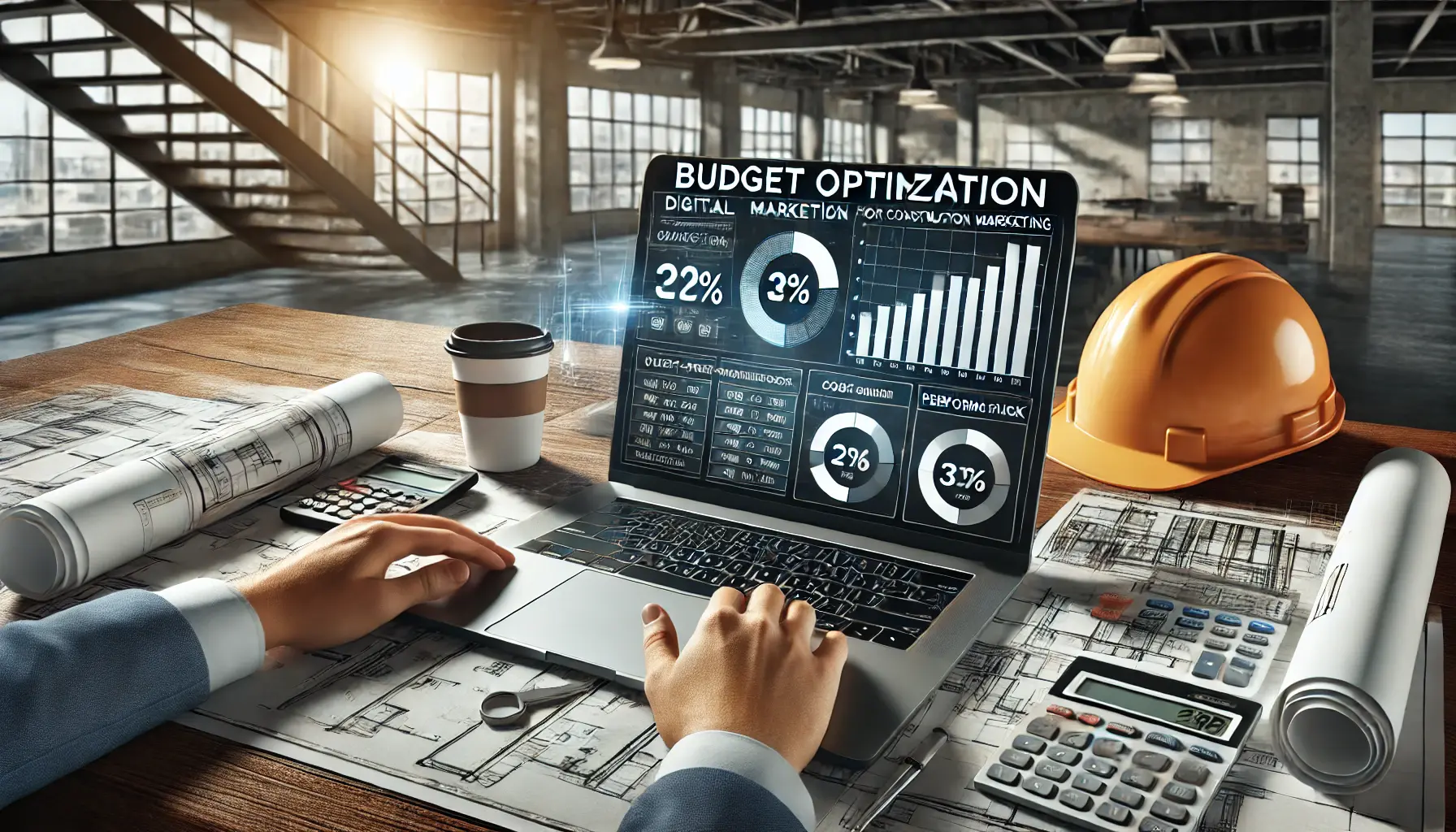 Digital marketer analyzing budget optimization metrics on a laptop, with construction blueprints, a hard hat, and a calculator on the desk.